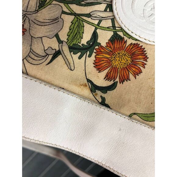 Vintage Gucci Tote Bag Floral Canvas White Leather - Picture 7 of 12